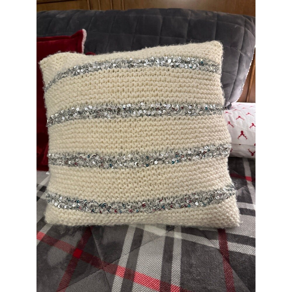 West Elm off white crochet and silver, sequin pillow